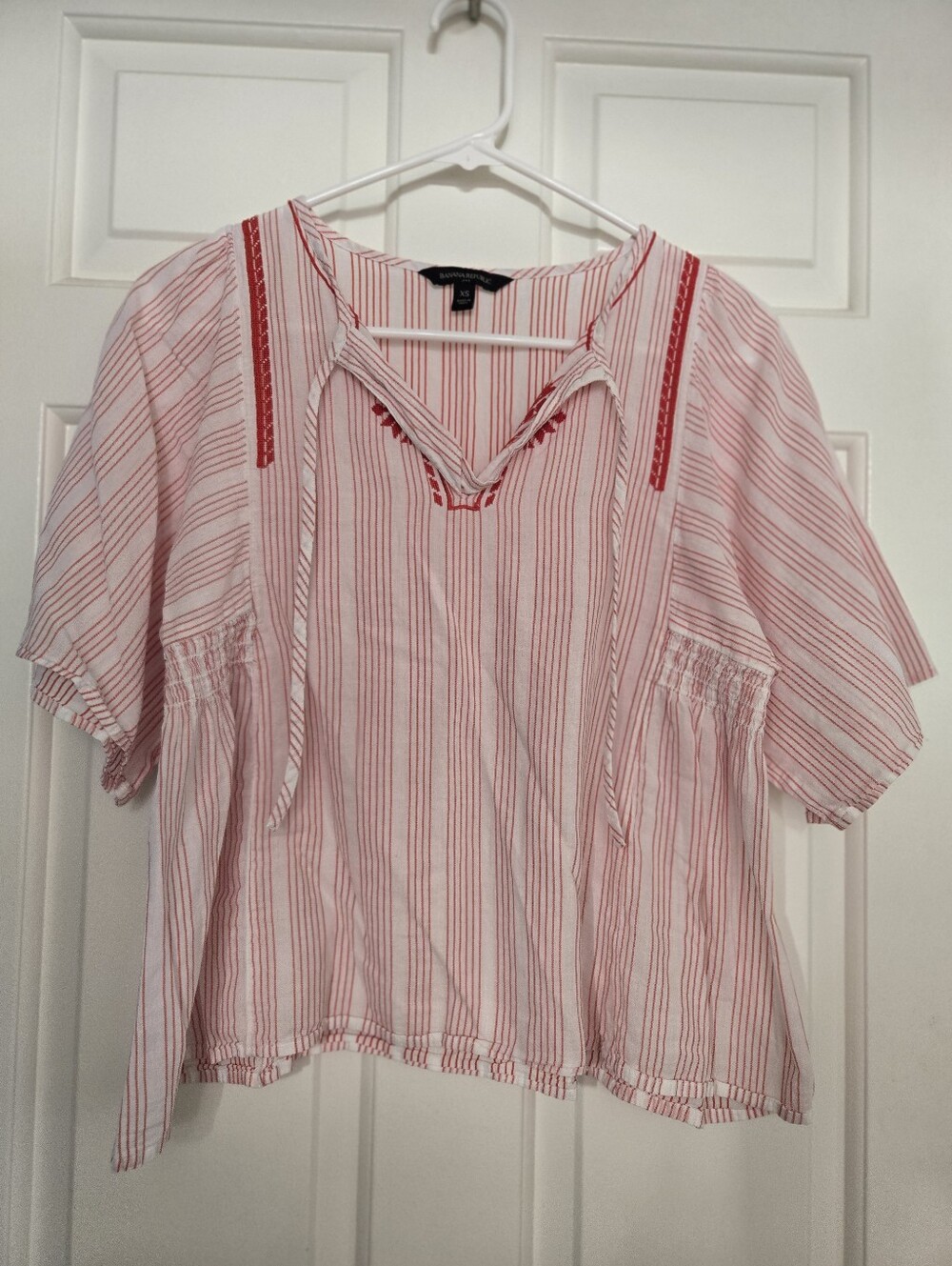 Banana Republic Red & White Striped Peasant Blouse with Red Embroidery